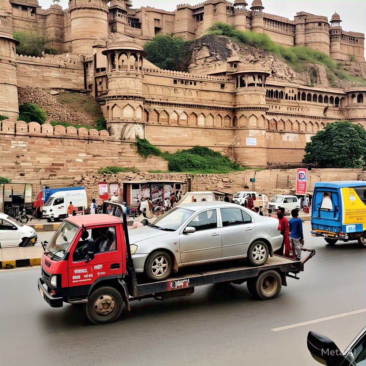 A tow truck transporting a car in front of the historic Gwalior Fort, showcasing towing services in Gwalior for fast and reliable roadside assistance.