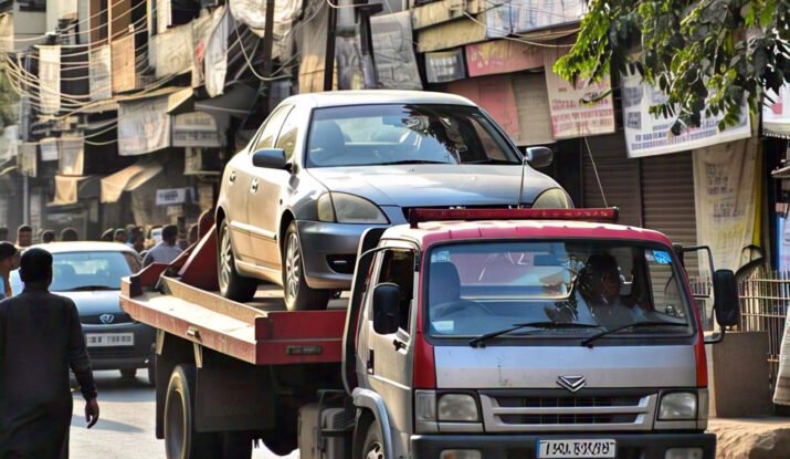 A towing truck carrying a car through a busy street in Surat, India. The image captures a roadside assistance service in action, showcasing Hindustan Vehicle Assistance's reliable towing services in Surat.
