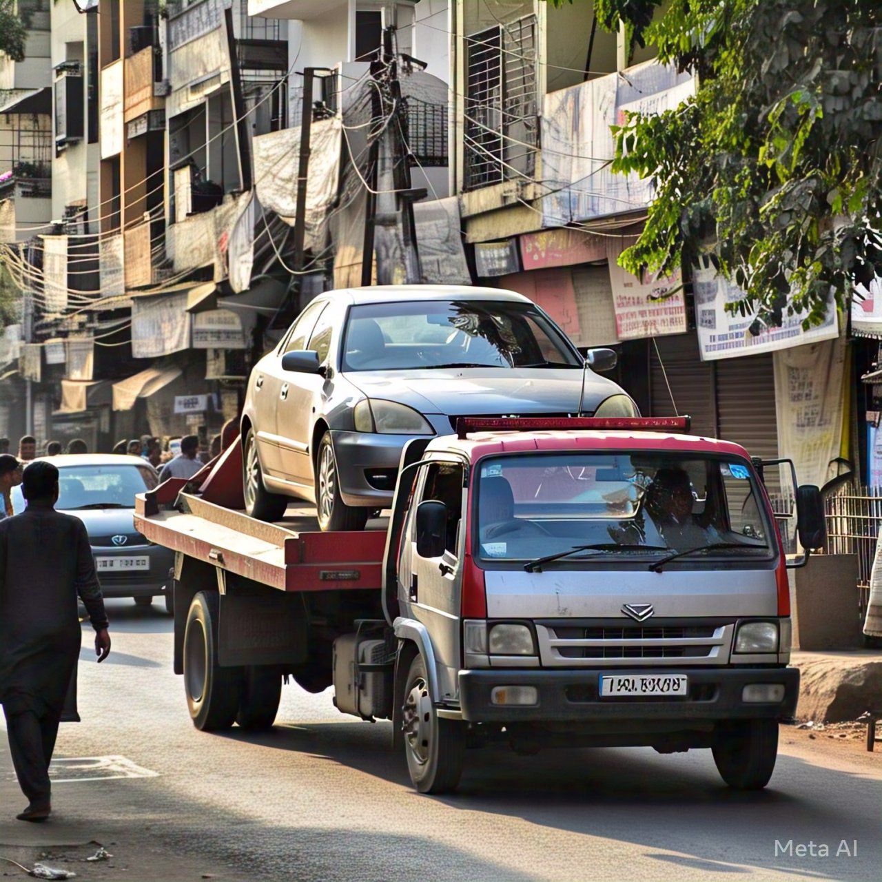 A towing truck carrying a car through a busy street in Surat, India. The image captures a roadside assistance service in action, showcasing Hindustan Vehicle Assistance's reliable towing services in Surat.