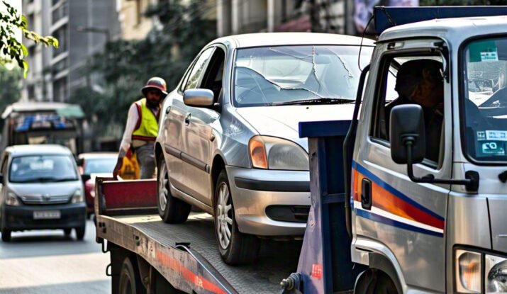 Towing services in Vadodara assisting with the recovery of a silver sedan on a busy street, with a roadside worker ensuring safe vehicle transport.