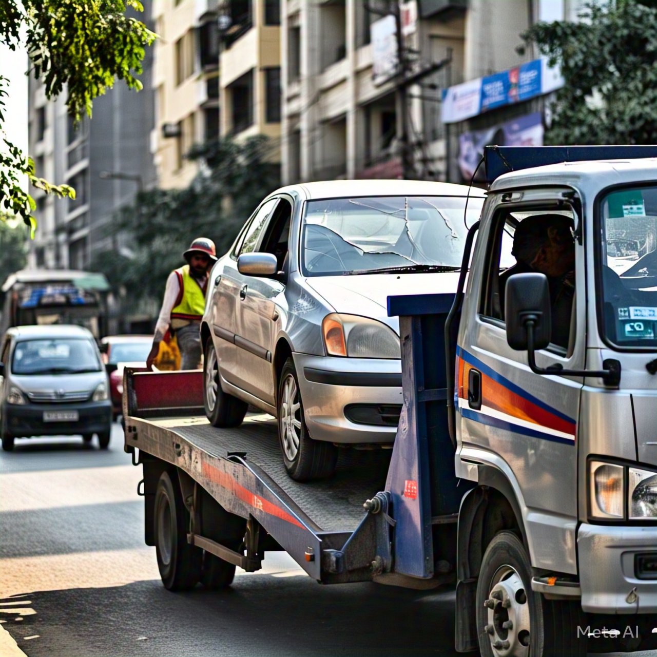 Towing services in Vadodara assisting with the recovery of a silver sedan on a busy street, with a roadside worker ensuring safe vehicle transport.